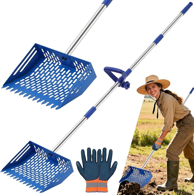 2-in-1 Chicken Poop Scooper & Rake, 10 Inch Coop Sand Sifting Shovel with 37" to 65" Adjustable Stainless Steel Handle, Litter Cleaning Tools with Gloves for Chicken Coop Farm Animals (Blue)