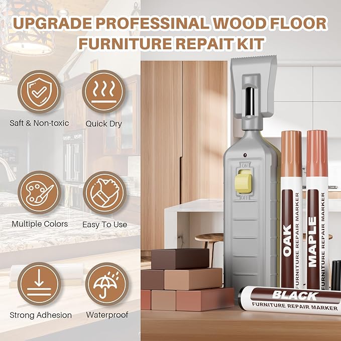 Vinyl Floor Repair Kit with Heat Pen - 6 Colors Hardwood Floor Wax Wood Furniture Marker Laminate Repair Kit Cover Scratches, Stains,Cracks, Holes for Doors, Cabinets, Table, Floors