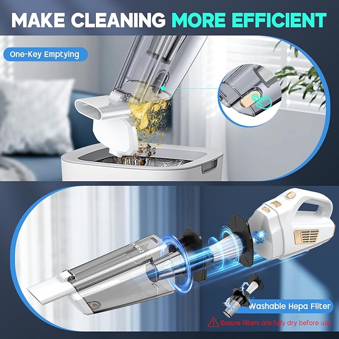 Handheld Vacuum Cordless, 15000PA Strong Suction Hand Held Car Vacuum Cleaner Portable with Multi-Nozzles & Washable Filter, Lightweight Dust Busters Rechargeable for Home, Car, Office, Pets