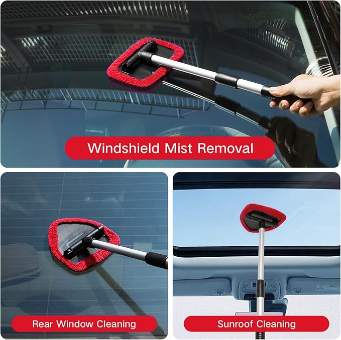 7pcs Windshield Cleaner Tool Car Window Cleaning Wash Kit with 4 Reusable Microfiber Pads 1 Spray Bottle and Extendable Handle Auto Glass Wiper Kit, Red