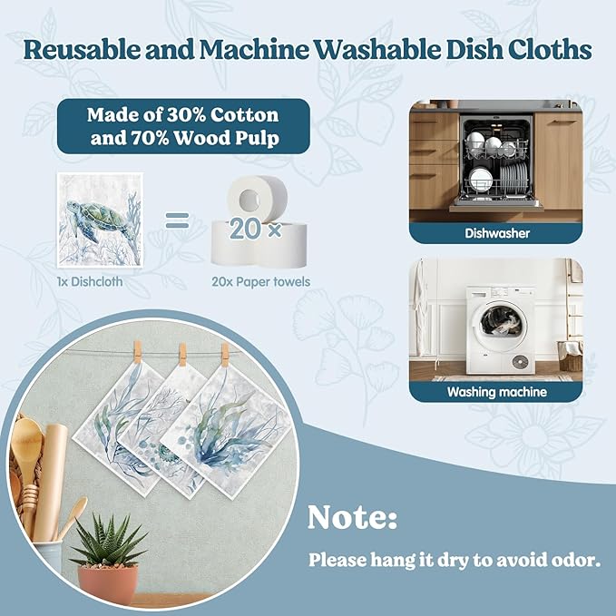 Swedish Dishcloths for Kitchen, Coastal Ocean Turtle Kitchen Dish Towels for Washing Dishes, 4 Pack Reusable Paper Towels Washable, Sponge Cloths for Home Cleaning Baking Cooking Decor