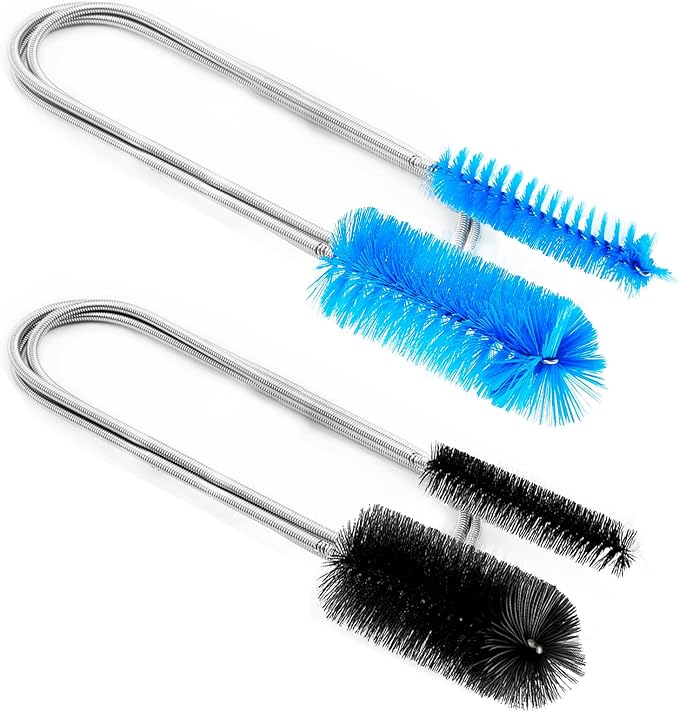 2 Pcs Flexible Drain Pipe Cleaning Brush, 36" Extra Long Double Ended Nylon Bristles and Stainless Steel Tube Cleaners, 2 Brush Head Sizes for Kitchen Sink, Pipe and Hose Cleaning (Black+Blue)