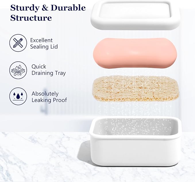 Leak Proof Silicone Travel Soap Case with Draining Tray - Bar Soap Holder for Travel, Gym & Camping - Mess-Free Portable Soap Container for Carry-on Bags (White)