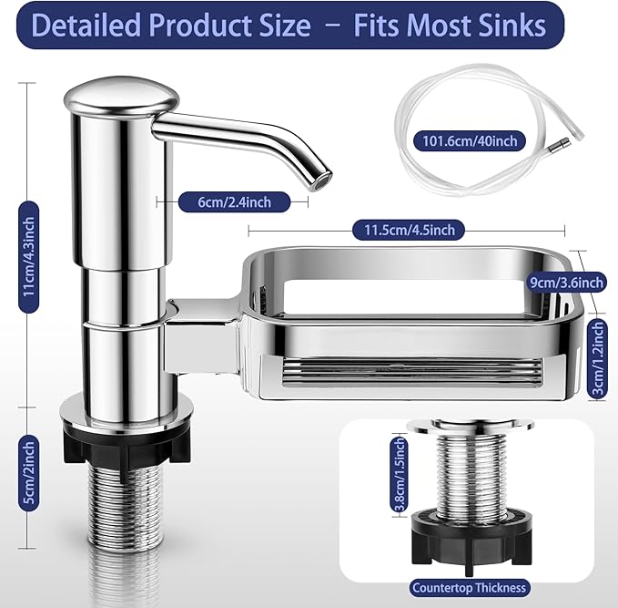Kitchen Sink Soap Dispenser with 40" Extension Tube, Built-in Countertop Dish Soap Pump with Sponge Holder, ABS Smooth Pump Head, Under-Sink Bottle Connection Kit for Less Refills