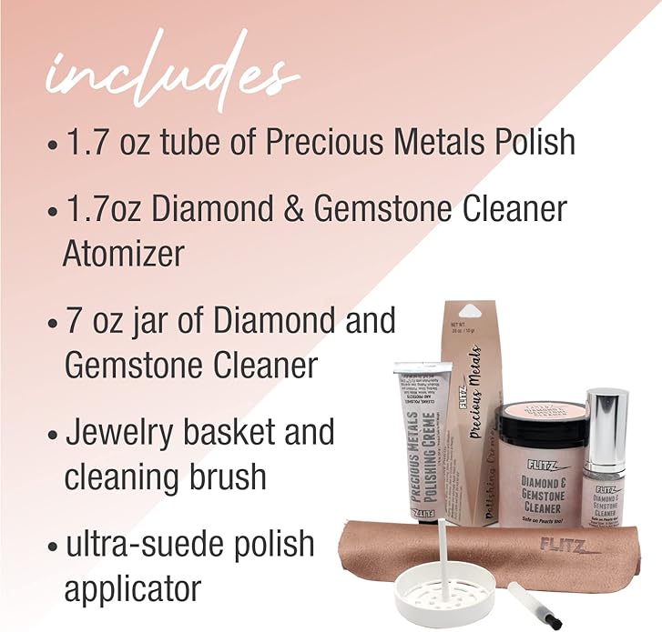 FLITZ Jewelry Cleaning Kit - USA-Made 1.7oz Jewelry Cleaner Cream, 1.7oz Spray, a Suede Cloth, and 7oz Gold & Sterling Silver Cleaner Dip Jar with Tray & Brush - Tarnish Remover Kit