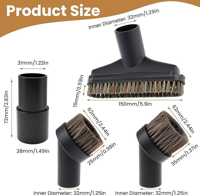 4Pcs Vacuum Attachments, 5.9 Inch Floor Brush 1-1/4 to 1-3/8 Inch Adapter, 25mm & 36mm Shop Round Dust Brushes for Standard Hose