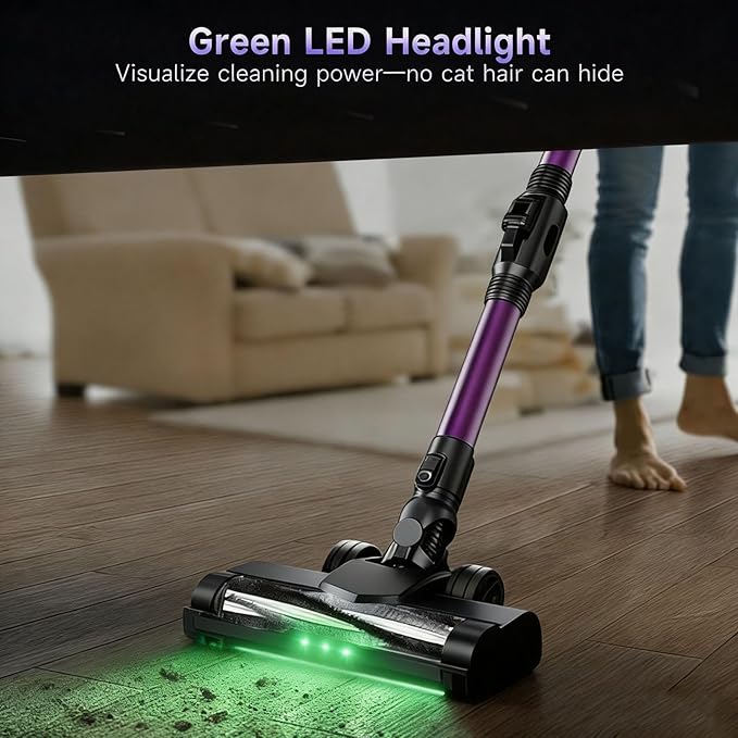 Cordless Vacuum Cleaner, Vacuum Cleaners for Home with 180° Bendable Wand | Green LED Light, Self-Standing, 1.5L Dust Cup, Washable HEPA Filter| Lightweight Stick Vacuum for Hardwood Floors