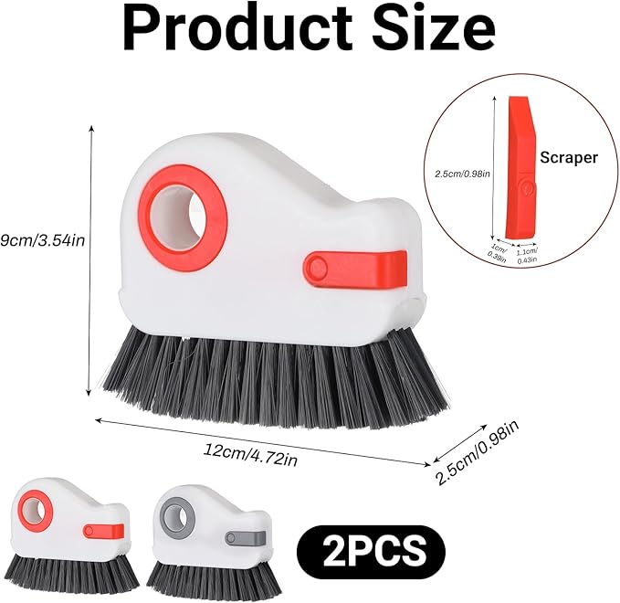 2 PCS Groove Cleaning Brush 2 in 1 Window Track Cleaning Tool Crevice Cleanings Brush Multifunction Hard Bristle with Hidden Scraper Grout Cleaner Grip Brushes for Slid Door Track Window Sill