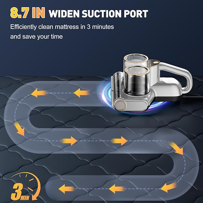 Mattress Vacuum Cleaner, 16kPa Bed Vacuum Cleaner with 253.7nm UV-C Light, Ultrasonic & 140℉ Heating, Dual Cup & Widen Suction Port Handheld Vacuums for Bed, Sofa, Couch, Crib (500W, Corded)