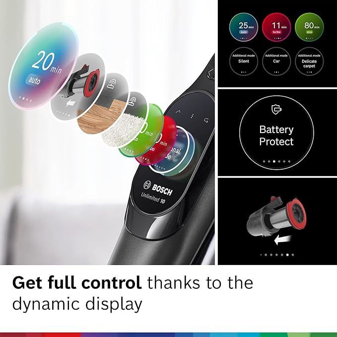 Bosch Unlimited 10 Cordless Stick Vacuum, Up to 80-Min Runtime, 90° Flex Tube, Fast Charger, MicroClean, >99.9% Dust Pick-up, HEPA Filter, Pet Hair, Carpets & Hard Floors, 6 Accessories, Black