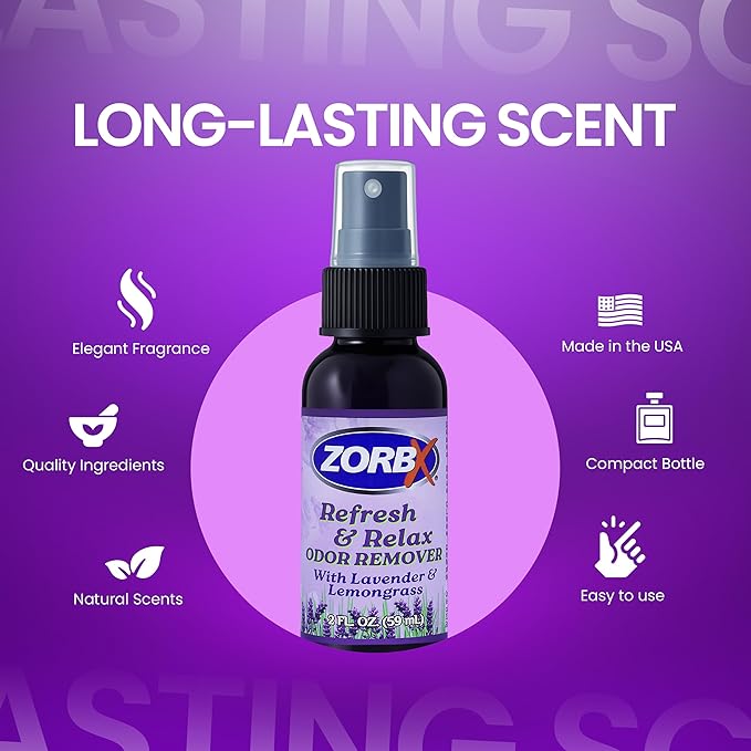 ZORBX Refresh & Relax 2 Oz Odor Remover Spray with Lavender & Lemongrass – Permanent Solution Room Freshener & Air Freshener Spray for Home, Bathroom, Furniture, Carpet, Car, Gym & Laundry