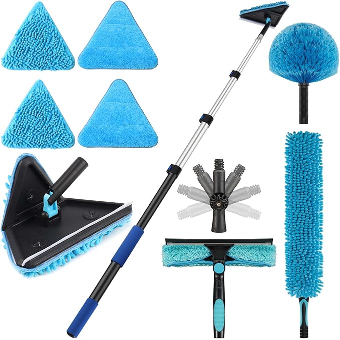 20 Foot High Ceilings Baseboard Wall Cleaner Mop with 12 Ft Extension Pole, Cobweb Duster, Window Cleaning Squeegee Kit (12ft)