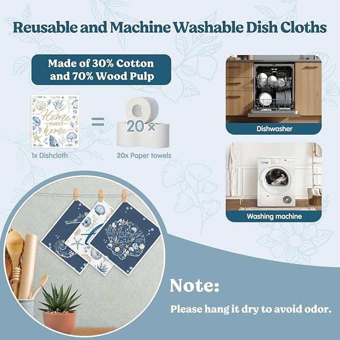 Swedish Dishcloths for Kitchen, Summer Coastal Kitchen Dish Towels for Washing Dishes, 4 Pack Reusable Paper Towels, Home Sweet Decor, Sponge Cloths for Home Cleaning Baking Cooking