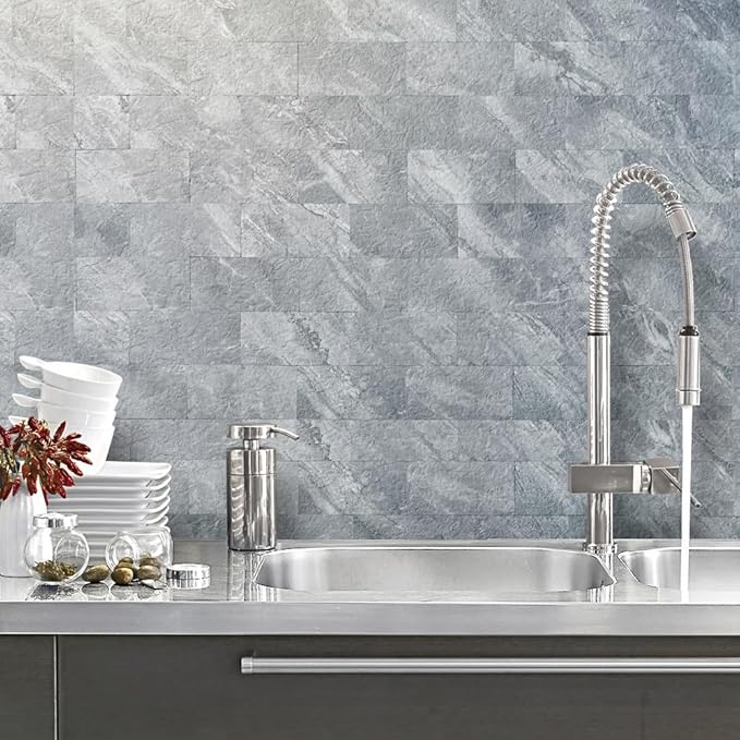 AULIGET Peel and Stick Backsplash Wall Tiles, 3" x 6" PVC Grey Marble Faux Stick on Tiles for Backsplash Kitchen and Bathroom, 4 Pieces