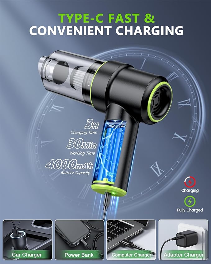 KMM Handheld Car Vacuum Portable Cordless 12000PA, 2 in 1 Handheld Vacuum Cleaner and Air Duster with Multi-Nozzles and LED Light, Mini Hand Held Vacuum Rechargeable for Home, Car, Office, Pet Hair