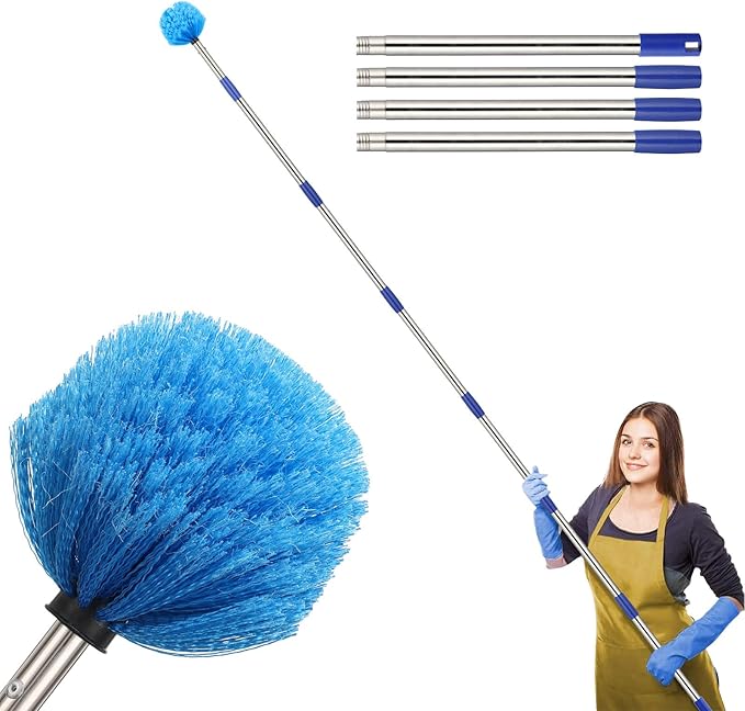 Cobweb Duster with Extension Pole, 8 FT Long Duster for High Ceilings, Walls, Medium Stiff Bristles Cobweb Brush with Lightweight Stainless Steel Pole for Outdoor Indoor Cleaning