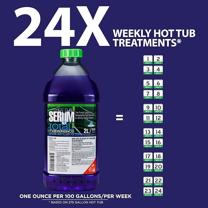 Hot Tub Serum, A Weekly Maintenance Hot Tub Cleaner/Clarifier/Conditioner/Softener All-in-One 2 Liter (24 Weekly doses), Inflatable Hot Tub Chemicals for Complete Hot Tub Treatment