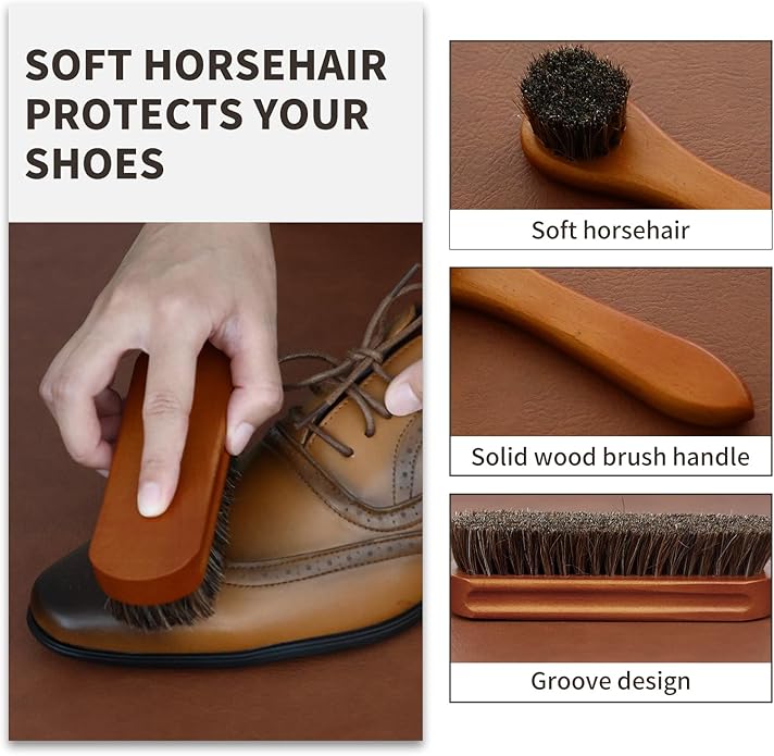 IKI Shoe Shine Polish Kit - 7PCS Leather Boot Care Kit with Black Shoe Polish Horsehair Brush Cloth Shoe Horn for Men