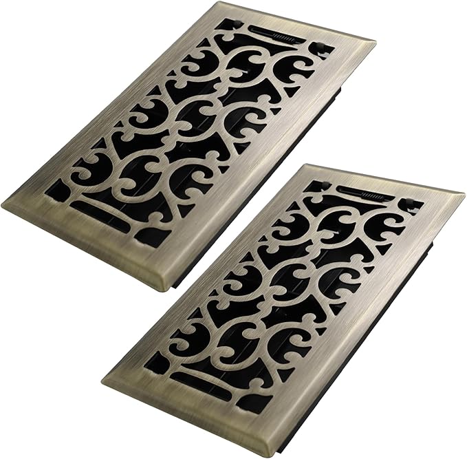 4x8 Inches 2 Pack Heavy Duty Walkable Floor Register - Easy Adjust Air Supply Lever Decorative Floor Vent Covers, Savannah Design Vent Covers for Home - Antique Brass