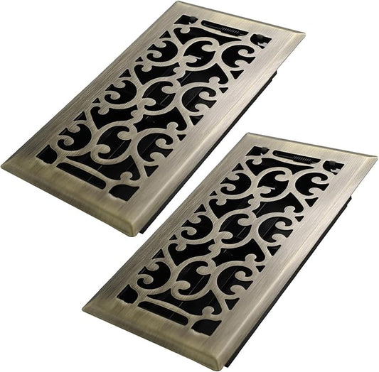 4x8 Inches 2 Pack Heavy Duty Walkable Floor Register - Easy Adjust Air Supply Lever Decorative Floor Vent Covers, Savannah Design Vent Covers for Home - Antique Brass