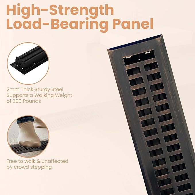 Empire Register Co, Decorative Air Vent Covers - 2x14 inch, Modern Contemporary Design, Oil Rubbed Bronze Finish, Heavy Duty Walkable Floor Register, Metal Damper Attached