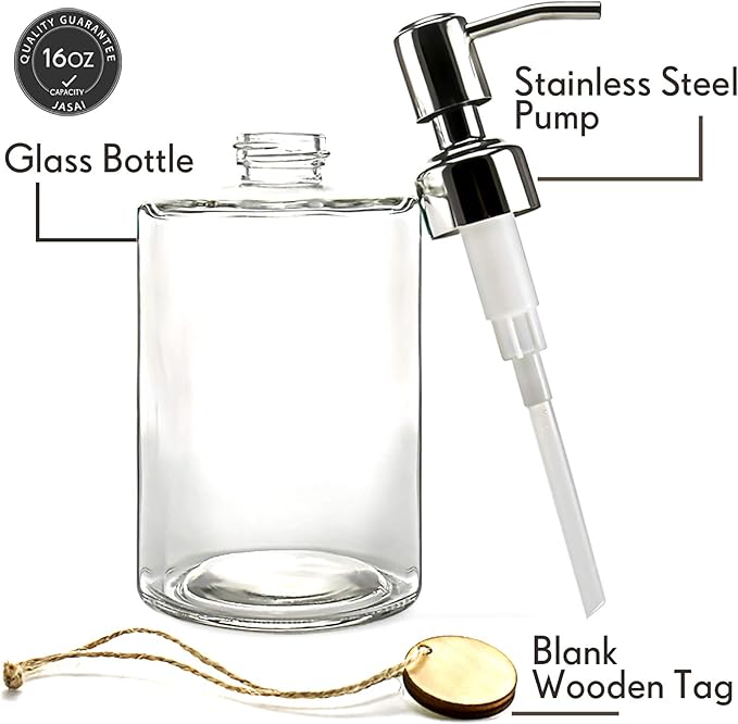 JASAI 16OZ Cylinder Glass Soap Dispenser with Rust Proof Stainless Steel Pump, Refillable Bathroom Soap Dispenser for Hand Soap, Dish Soap, Liquid Soaps and Kitchen (Clear)