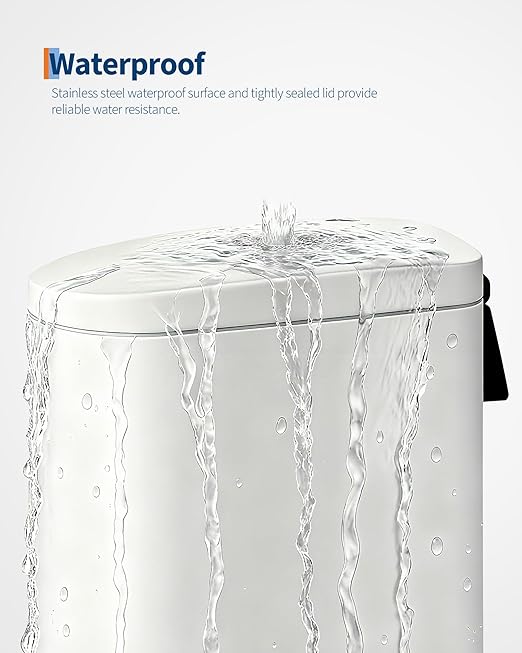 Garvee 2.6 gal / 10 L Metal Bathroom Trash Can with Lid, Slim Waterproof Garbage Can for Bedroom, Small Step-on Trash Bin with Inner Bucket, Rear Handle, Soft Close Lid, White