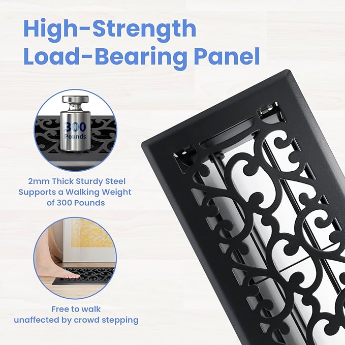 4x10 Inches 6 Pack Heavy Duty Walkable Floor Register - Easy Adjust Air Supply Lever Decorative Floor Vent Covers, Savannah Design Vent Covers for Home - Matte Black