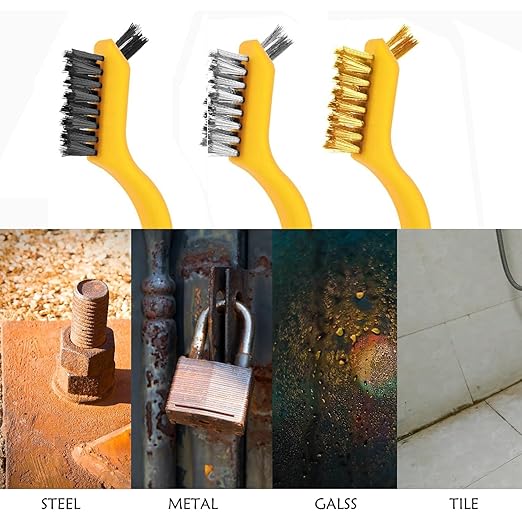 Wire Brush Set for Rust, Paint & Detail Cleaning – 6-Piece Brass, Stainless Steel & Nylon Brushes with Curved Handle for Tight Spaces, Metal, Tile & Household Use