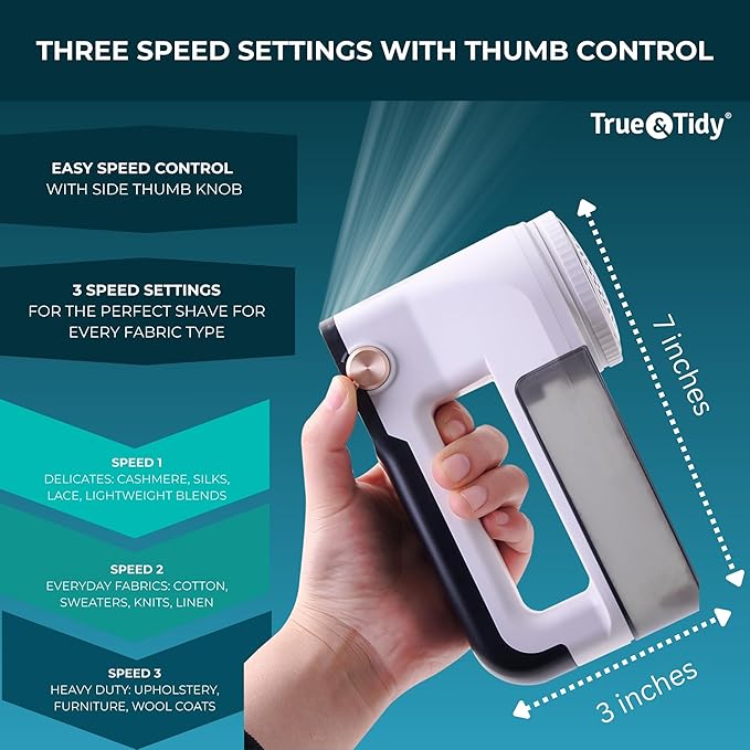 True & Tidy XL Rechargeable Fabric Shaver with Light, 6-Leaf Steel Blades, 3-Speed Motor, LED Digital Display, Lint Remover for Clothes, Furniture & Upholstery (White, Turbo)
