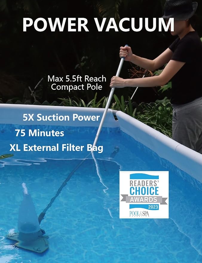 KOKIDO Rechargeable Medium Duty Pool Leaf Vacuum Cleaner with Pole, Runs 75-Mins, for Pool Closing, Oversized Debris Filter, for Debris and Leaves < 6 inches, for Inground and Above Ground Pools XV410