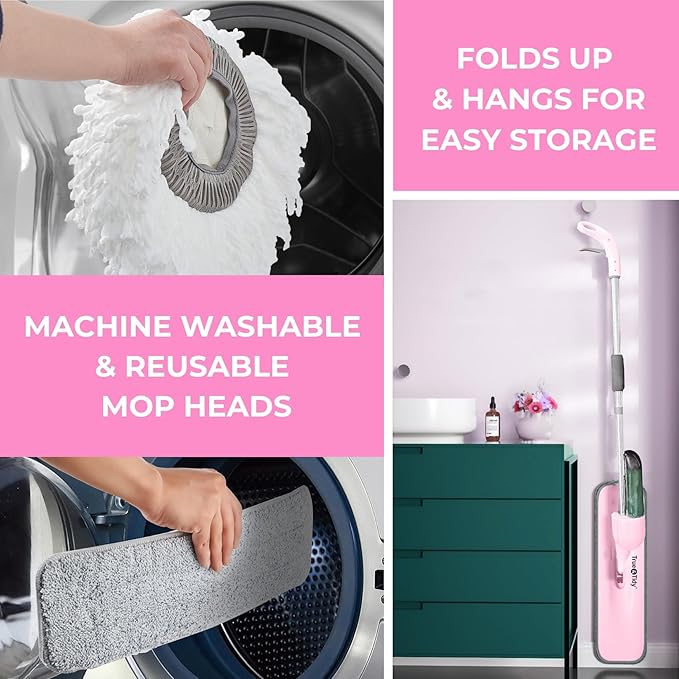 True & Tidy® Clean Everywhere Spray Mop Kit with 3 Interchangeable Heads & Refillable Tank - Flat, Round, Squeegee (Pink)