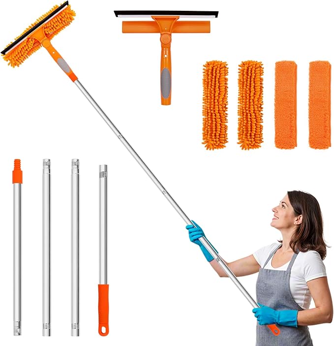 Window Washing Kit with Extension Pole, 73’’ Window Cleaning Squeegee Kit, 3 in 1 Window Cleaning Kit with 2 Microfiber Pads & 2 Chenille Pads for Indoor Outdoor Windows