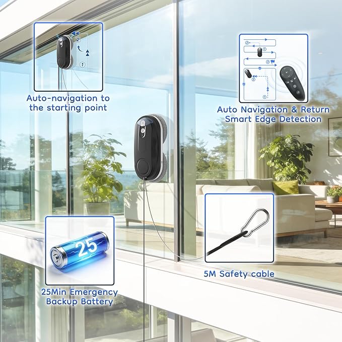 Obito X3 Window Cleaning Robot, Dual Nozzles with Ultrasonic Spray, 5.0 AI Path Planning, Max 3200Pa & Steady-Climbing System, Automatic Edge Detection, Robot Window Cleaner Inside/Outside, Black