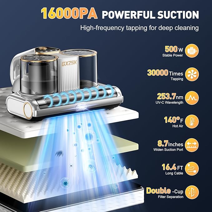 Mattress Vacuum Cleaner, 16kPa Bed Vacuum Cleaner with 253.7nm UV-C Light, Ultrasonic & 140℉ Heating, Dual Cup & Widen Suction Port Handheld Vacuums for Bed, Sofa, Couch, Crib (500W, Corded)