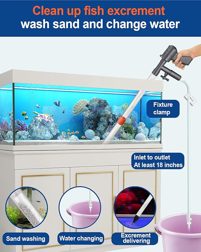 QZQ Aquarium Gravel Cleaner [2025 Edition] Vacuum Fish Tank Vacuum Cleaner Tools for Aquarium Water Changer with Aquarium Thermometers Fish Net kit Use for Fish Tank Cleaning Gravel and Sand