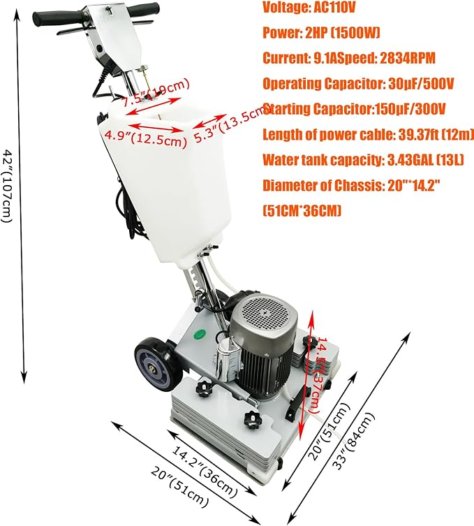 Electric Floor Grinder Floor Grinding Machine 3.43Gal Floor Polisher Floor Scrubber 110V 1500W