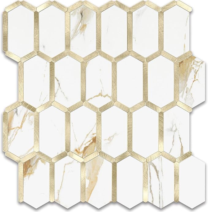 Vamos Tile Long Hexagon Peel and Stick Tile Backsplash - 10 Sheets Stick on Backsplash for Kitchen and Bathroom Calacatta Gold Mixed Metal Light Gold PVC Self Adhesive Mosaic Wall Tiles(Seamless)