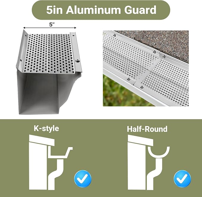 Gutter Guard, 5 inch Aluminum Gutter Guards, 30Pack-120ft, DIY Leaf Guards Protection for Gutters, 5" Rain Gutter Screen for Downspouts & Roof, Prevents Clogs & Debris, with Screws