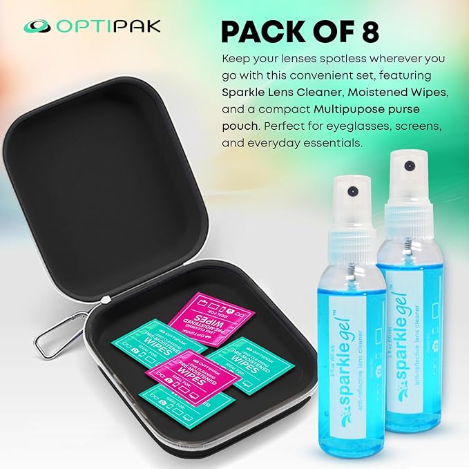 Sparkle Gel Anti-Reflective Safe Lens Cleaner Spray Kit - (2) 2oz Glasses Cleaner Spray, (5) Pre-Moistened Lens Wipes, (1) Travel Pouch for Eyeglasses, Lenses & Camera Cleaning Kit (8 Piece Set)