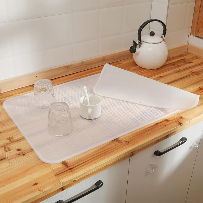 Silicone Dish Drying Mat for Multiple Usage,Easy clean,Eco-friendly,Heat-resistant Silicone Mat for Kitchen Counter or Sink,Refrigerator or Drawer Liner Translucent 4XL 32 inches x 18 inches