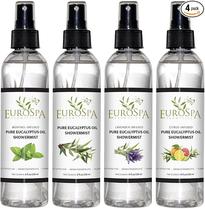 EuroSpa Aromatics Pure Eucalyptus Oil ShowerMist and Steam Room Spray, All-Natural Premium Aromatherapy Essential Oils - Variety 4 Pack - 8 oz Each