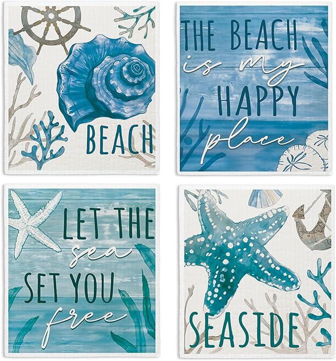 Swedish Dishcloths for Kitchen, Summer Coastal Ocean Beach Decor Kitchen Dish Towels for Washing Dishes, 4 Pack Reusable Paper Towels Washable, Sponge Cloths for Cleaning Home Kitchen Decor