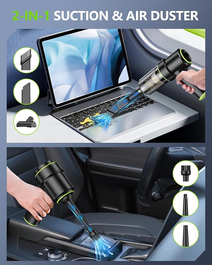 KMM Handheld Car Vacuum Portable Cordless 12000PA, 2 in 1 Handheld Vacuum Cleaner and Air Duster with Multi-Nozzles and LED Light, Mini Hand Held Vacuum Rechargeable for Home, Car, Office, Pet Hair