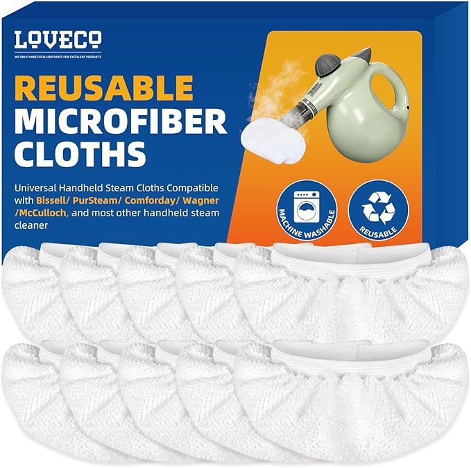 LOVECO 10 Pack Universal Microfiber Cloths for Handheld Steam Cleaner - Compatible with Bissell Steam Shot, Comforday, PurSteam, Wagner, etc - Reusable Washable Microfiber Rags
