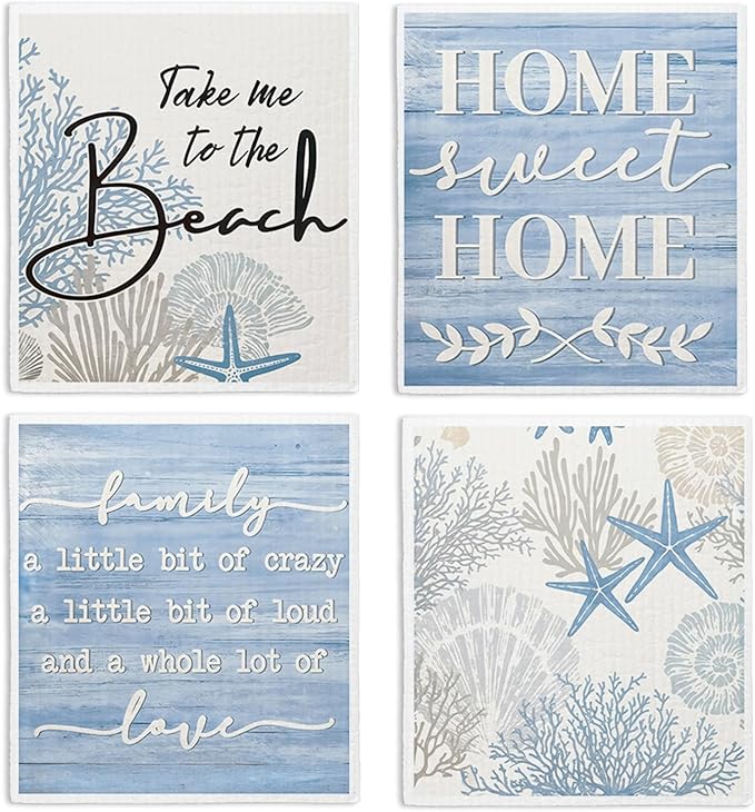 Swedish Dishcloths for Kitchen, Summer Coastal Ocean Kitchen Dish Towels for Washing Dishes, 4 Pack Reusable Paper Towels, Home Sweet, Sponge Cloths for Cleaning Home Kitchen Decor