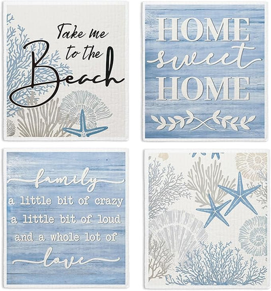 Swedish Dishcloths for Kitchen, Summer Coastal Ocean Kitchen Dish Towels for Washing Dishes, 4 Pack Reusable Paper Towels, Home Sweet, Sponge Cloths for Cleaning Home Kitchen Decor