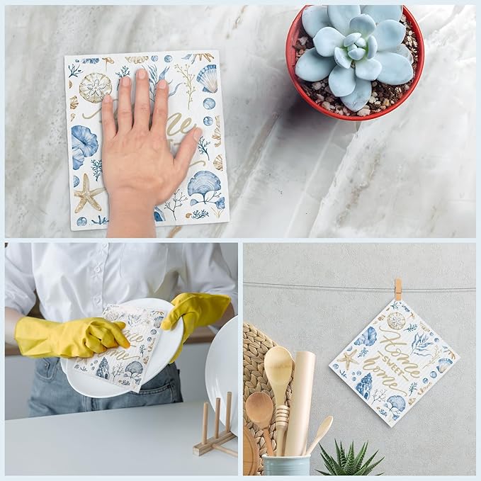 Swedish Dishcloths for Kitchen, Summer Coastal Kitchen Dish Towels for Washing Dishes, 4 Pack Reusable Paper Towels, Home Sweet Decor, Sponge Cloths for Home Cleaning Baking Cooking