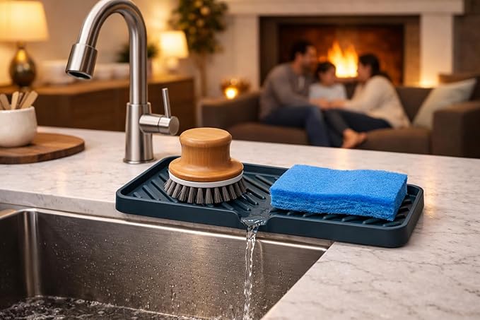 Happitasa Silicone Soap Dish Tray and Sponge Holder with Drain Chute and Feet | 3-Way Sloped Design | Bathroom and Kitchen Sink Organizer Caddy (Smoky Blue, 10"x4")