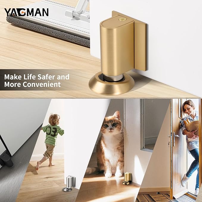 3 Pack Magnetic Door Stopper, Magnet Floor Door Stop Retractable, Door Magnetic Catch, Door Holder to Keep Door Open, No Drilling Mount with Adhesive, Brushed Gold BG-3